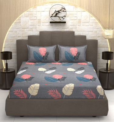 OSONICTEXTILE 254 TC Cotton Double Printed Fitted (Elastic) Bedsheet(Pack of 1, Grey Leaf)
