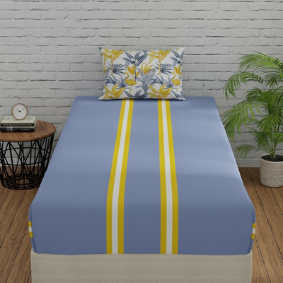 Huesland 144 TC Cotton Single Striped Flat Bedsheet(Pack of 1, Stripes & Flamingo - Grey & Yellow)
