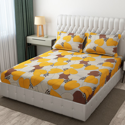 Akshra Loomtex 210 TC Polycotton King Floral Fitted (Elastic) Bedsheet(Pack of 1, Yellow Pan Patta)