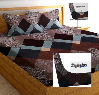 anand decor hub Cotton Double Fitted (Elastic) 170 TC Floral Bedsheet(Pack of 1, Beige)