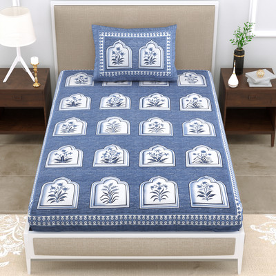 Mandakini Cotton Single Flat 140 TC Jaipuri Prints Bedsheet(Pack of 1, Blue)
