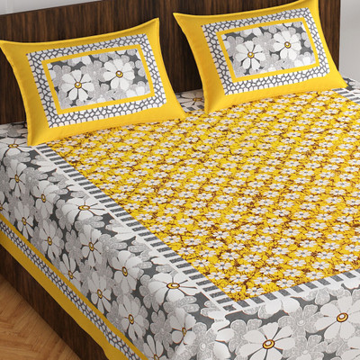 Cosito 144 TC Cotton Double Jaipuri Prints Flat Bedsheet(Pack of 1, Yellow)