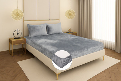 Crafteal Velvet King Fitted (Elastic) 300 TC Solid Bedsheet(Pack of 1, Grey)