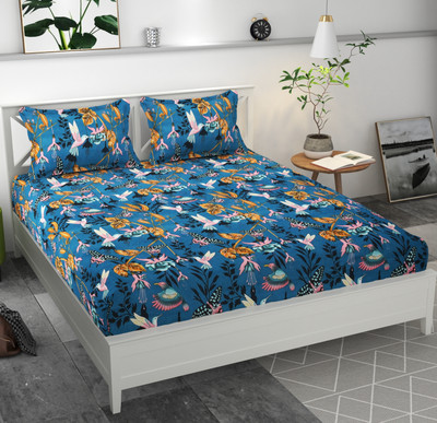 VAS COLLECTIONS 160 TC Polycotton Queen Abstract Fitted (Elastic) Bedsheet(Pack of 1, Blue)