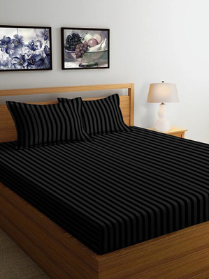 BELVOSTUM Microfiber Double Flat 180 TC Striped Bedsheet(Pack of 1, Black)