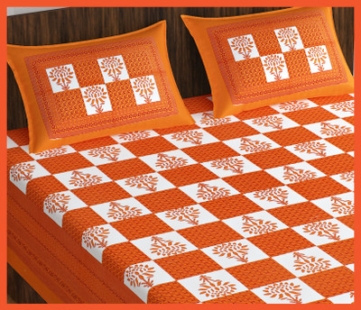 BedZone Cotton Double Flat 240 TC Jaipuri Prints Bedsheet(Pack of 1, Orange)