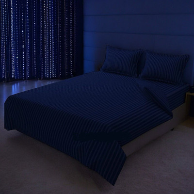 ABC Cotton King Flat 240 TC Striped Bedsheet(Pack of 1, Blue)