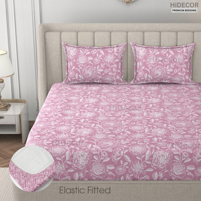 HIDECOR Microfiber Double, King Fitted (Elastic) 280 TC Floral Bedsheet(Pack of 1, Elastic Fitted Bedsheet(72X78 Inch),2 Pillow Cover(17X27 Inch),Pink)