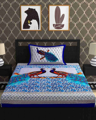 FABSOFT Cotton Single Flat 144 TC Jaipuri Prints Bedsheet(Pack of 1, Blue)