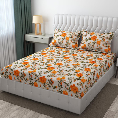 ClassicFits Cotton King, Queen, Double Fitted (Elastic) 350 TC Floral Bedsheet(Pack of 1, cream,orange,7d)