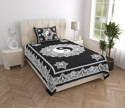Mandakini 144 TC Cotton Single Jaipuri Prints Flat Bedsheet(Pack of 1, Black)