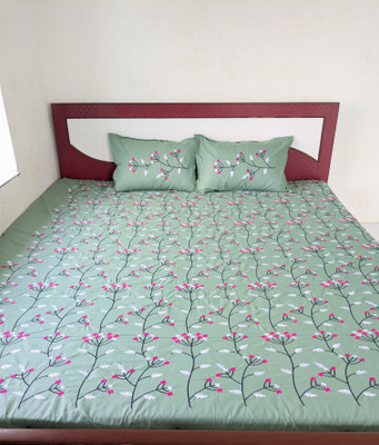 Tutli Putli Cotton King Flat 250 TC Embroidered Bedsheet(Pack of 1, Sage Green)