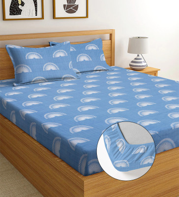 IVAAN INDIA 244 TC Polycotton Double Printed Fitted (Elastic) Bedsheet(Pack of 1, Blue)