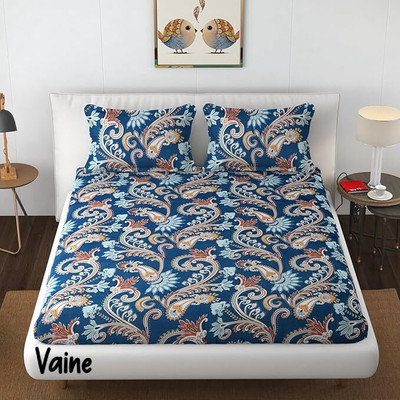 ARDM 210 TC Cotton Double Abstract Fitted (Elastic) Bedsheet(Pack of 1, Blue)
