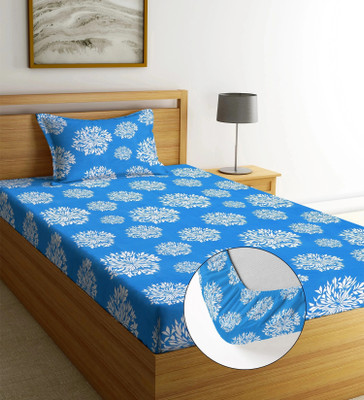 Moonroof Cotton Single Fitted (Elastic) 244 TC Printed Bedsheet(Pack of 1, Blue, White_Floral)