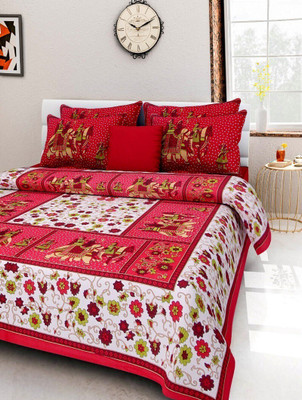 RAJDEVI JAIPUR PRINTS 351 TC Cotton Double, King Printed Fitted & Flat Bedsheet(Pack of 1, Red)