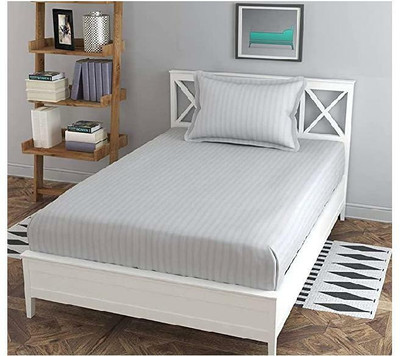 Fabycore 200 TC Cotton Single Striped Fitted (Elastic) Bedsheet(Pack of 1, Silver)