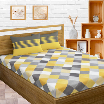 DESHBANDHU DBK Cotton King Flat 144 TC Printed Bedsheet(Pack of 1, Check Grey Yellow)