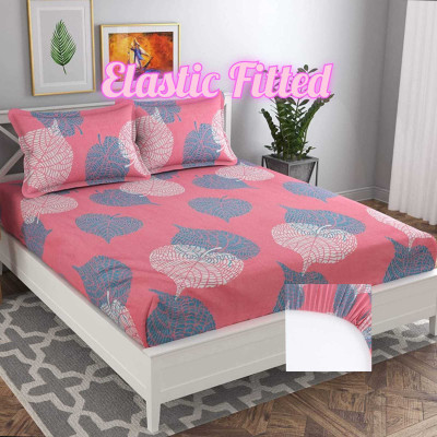 Decent Home Polycotton Double Fitted (Elastic) 144 TC Floral Bedsheet(Pack of 1, Pink)