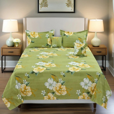 Apni Dukan Cotton Queen Flat 204 TC Printed Bedsheet(Pack of 1, Green (1 Bedsheet+2 Pillow cover+2 Cushion with filler))