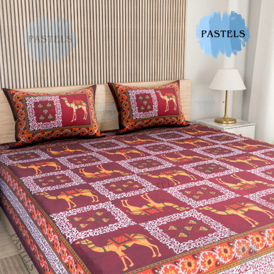 PahalArts 180 TC Cotton Double Jaipuri Prints Flat Bedsheet(Pack of 1, Maroon)