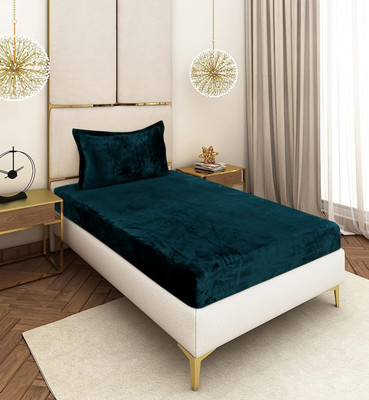BM Decor Velvet Single Fitted (Elastic) 300 TC Solid Bedsheet(Pack of 1, Dark Green)