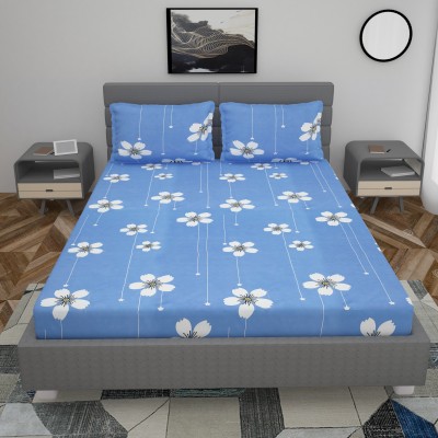 MYMATE 180 TC Polycotton Double Floral Flat Bedsheet(Pack of 1, Blue, White)