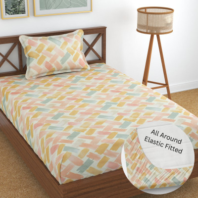 Saarvi creation 320 TC Cotton, Microfiber Single Printed Fitted (Elastic) Bedsheet(Pack of 1, Multicolor)