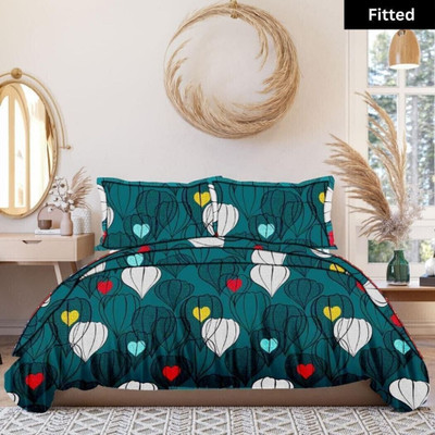 LA COMFY 180 TC Cotton Double Printed Fitted (Elastic) Bedsheet(Pack of 1, Sea Green)