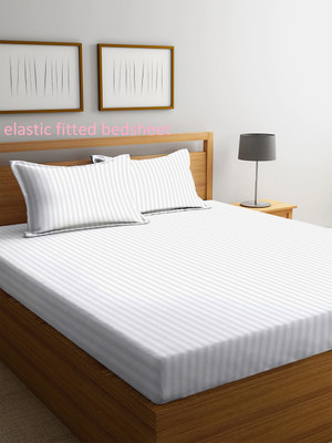 YUTERA 190 TC Polyester Double Striped Fitted (Elastic) Bedsheet(Pack of 1, White)
