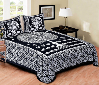 PALANG SHOBHA Cotton King Flat 120 TC Jaipuri Prints Bedsheet(Pack of 1, Black)