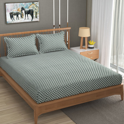 TURIYA Cotton Double Fitted (Elastic) 180 TC Printed Bedsheet(Pack of 1, Multicolor)