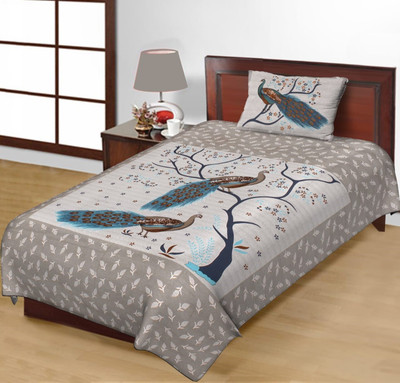 hntraders Cotton Single Flat 140 TC Floral Bedsheet(Pack of 1, Grey)