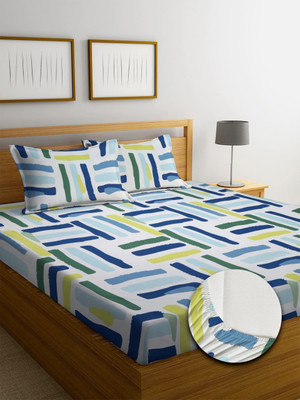 tarain collection 210 TC Polycotton Double Solid Fitted (Elastic) Bedsheet(Pack of 1, White & Green)