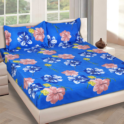 ROMEE Cotton Queen Flat 144 TC Floral Bedsheet(Pack of 1, Blue)