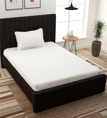 BROMWICK Microfiber Single Flat 300 TC Striped Bedsheet(Pack of 1, White)
