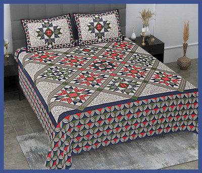 BedZone Cotton Double Flat 240 TC Jaipuri Prints Bedsheet(Pack of 1, Blue)