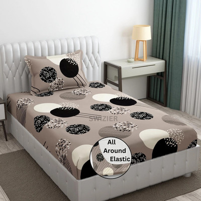 Swizier 250 TC Cotton Single Geometric Fitted (Elastic) Bedsheet(Pack of 1, Beautiful Single Fitted Bedsheet 72x36 In with 1 Pillow Cover 18x28 In Beige 43)