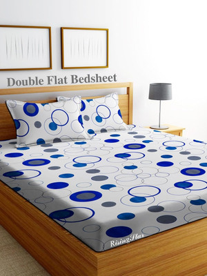 RisingStar Cotton Double Flat 350 TC Striped Bedsheet(Pack of 1, White,Blue)