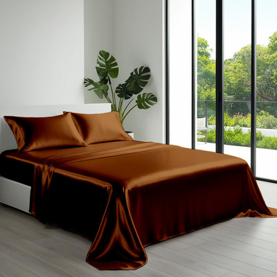 Indian Kingdom Satin Double Flat 400 TC Solid Bedsheet(Pack of 1, Brown)