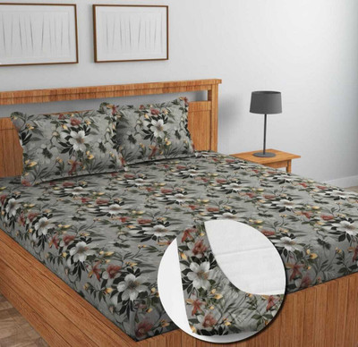 DWORTH Cotton King Fitted (Elastic) 250 TC Floral Bedsheet(Pack of 1, Grey)
