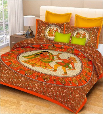 E ELMA 250 TC Cotton Double Printed Flat Bedsheet(Pack of 1, Orange)