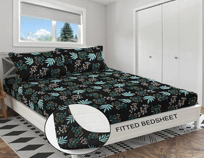 Hss fab Cotton Blend Double Fitted (Elastic) 210 TC Floral Bedsheet(Pack of 1, Green)