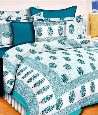 E ELMA 250 TC Cotton Double Jaipuri Prints Flat Bedsheet(Pack of 1, Blue)