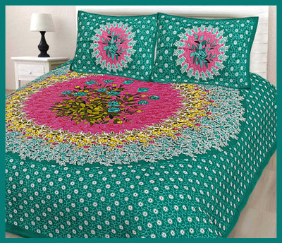 BedZone Cotton Double Flat 240 TC Jaipuri Prints Bedsheet(Pack of 1, Green)