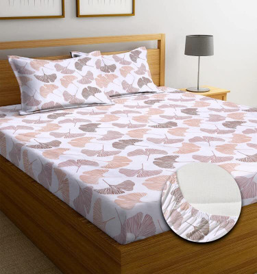 STEDO 250 TC Cotton Double Floral Fitted (Elastic) Bedsheet(Pack of 1, White)