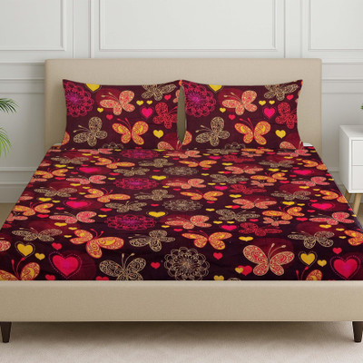 HARIKISHAN HANDLOOM Cotton Double Fitted (Elastic) 250 TC Floral Bedsheet(Pack of 1, Maroon, Multicolor)