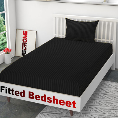 REDROME Cotton Single Fitted (Elastic) 300 TC Striped Bedsheet(Pack of 1, Black)