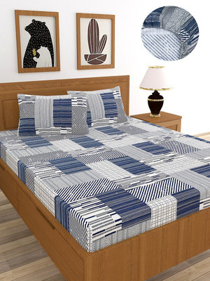 MORADO 210 TC Polycotton Double Checkered Fitted (Elastic) Bedsheet(Pack of 1, White&Blue)