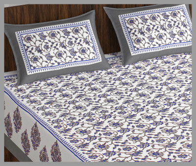JAIPUR PRINTS 144 TC Cotton Double Jaipuri Prints Flat Bedsheet(Pack of 1, Grey)